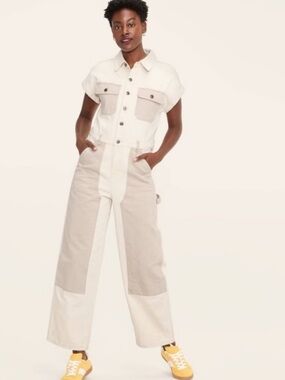 Woolrich NWT cream tan button down pockets wide leg durable denim jumpsuit